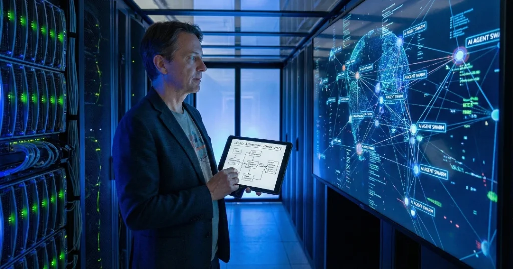 Introducing AgentGenius.ai — The Future of Work, Re-Engineered 1 CTO comparing traditional RPA flowcharts with dynamic AI agent network structures.